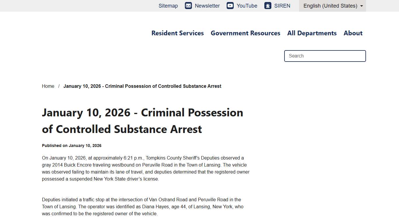 January 10, 2026 - Criminal Possession of Controlled Substance Arrest Tompkins County