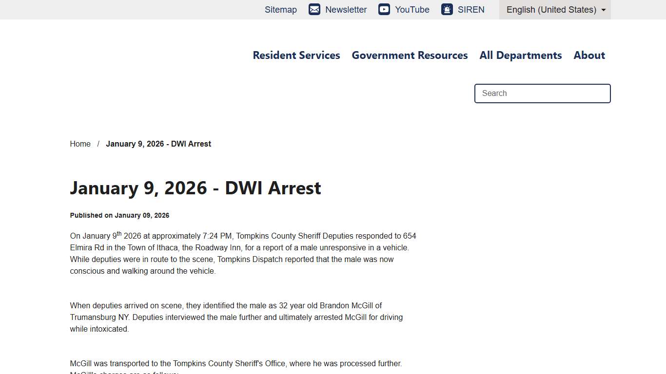 January 9, 2026 - DWI Arrest Tompkins County