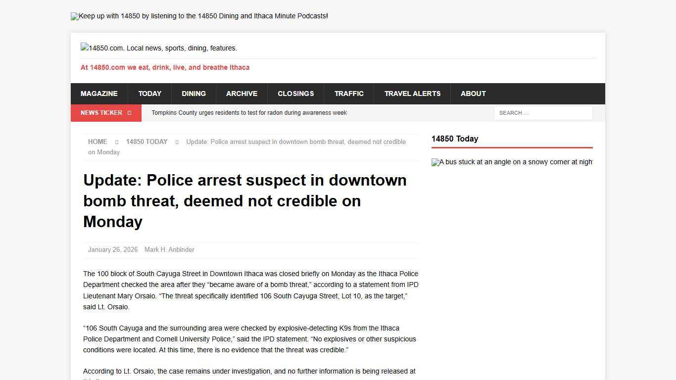 Update: Police arrest suspect in downtown bomb threat, deemed not credible on Monday – 14850.com